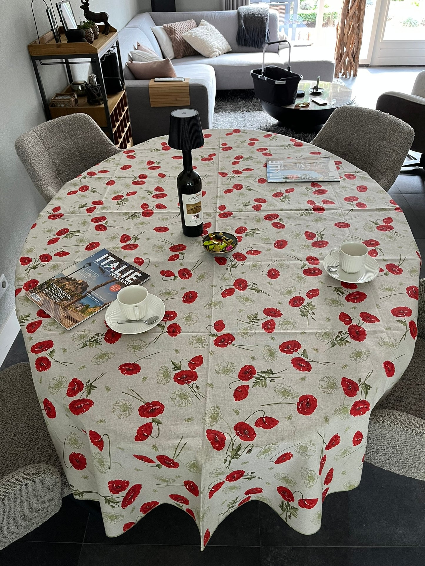 Italienische Tischdecke Papaveri 2 Oval - Baumwolle - Design mit Mohnblumen